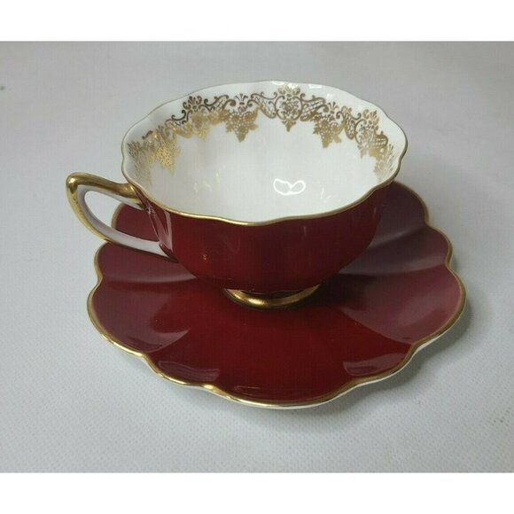 VINTAGE Shelley Fine Bone China Teacup And Saucer Set Burgundy Gold Trim Rare - Picture 1 of 6